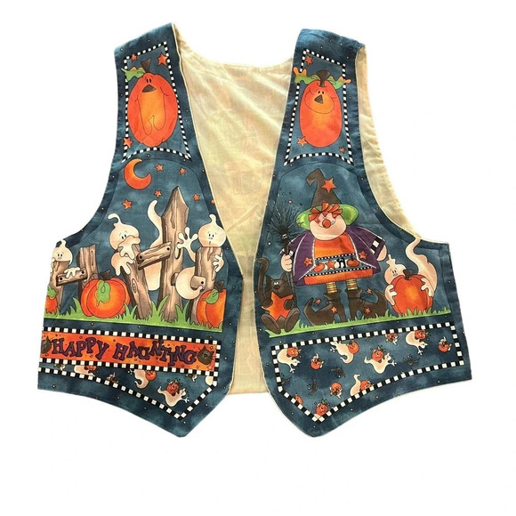 VINTAGE Women's Halloween Haunted House Reversible Quilted Handmade Vest Size XL - Picture 1 of 8